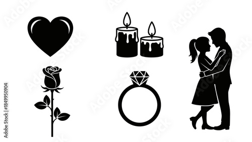 A collection of romantic black silhouette icons representing love, including a heart, burning candles, a single rose, a diamond engagement ring, and an embracing couple, on an isolated 