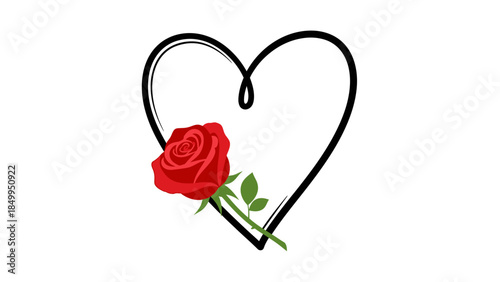 Elegant Heart Outline with Single Red Rose on Isolated White Background.