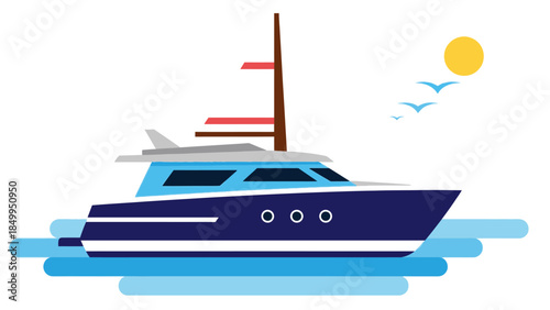 Luxury Yacht Sailing on Blue Sea Under Sunny Sky with Birds.