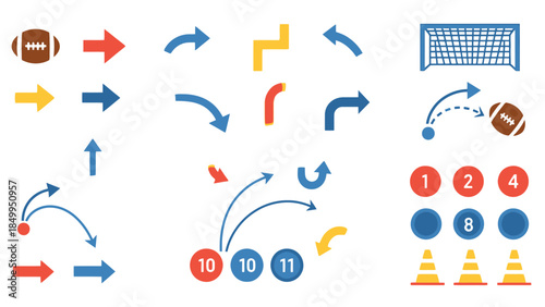 Soccer and American Football Strategy Arrows and Icons Set on Isolated White Background.