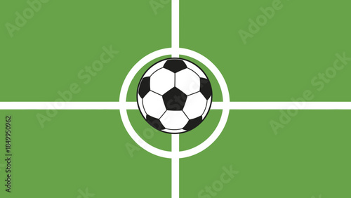 Soccer Ball Centered on Green Football Field with White Markings.