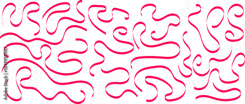 collection of bright pink hand drawn wavy line and curly ribbon brush stroke element set on white background