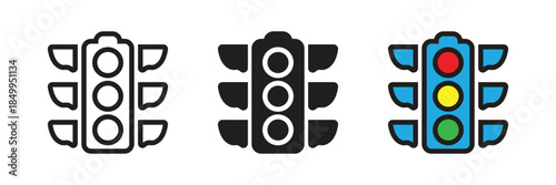 Modern traffic light vector icon with red, yellow, and green signals. Ideal for road safety education, transportation apps, automotive branding, and urban city management designs.
