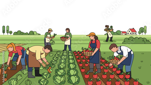 Diverse group of farmers harvesting fresh vegetables in a bountiful garden during a sunny day, showcasing sustainable agriculture.