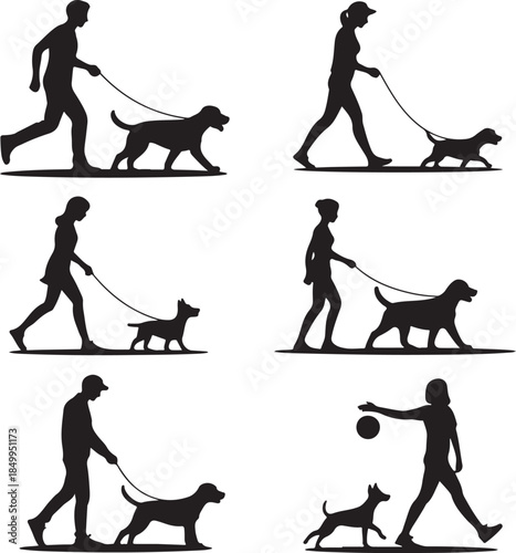 Dog Walking Silhouette Icon Set