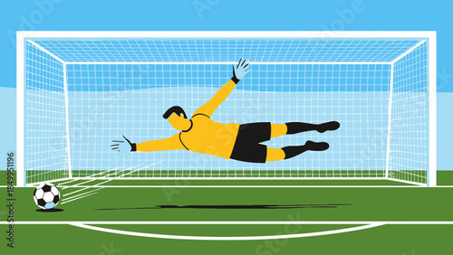 An athletic soccer player kicks the ball during a competitive football match on the green grass of a stadium field to score a goal for the team in this sports illustration