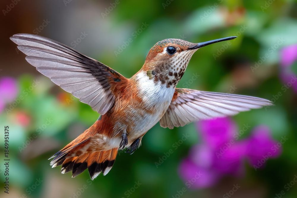 Obraz premium A rufous hummingbird hovers in midair with wings outstretched, showcasing intricate feather detail