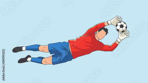 Male soccer goalkeeper diving to catch a football, isolated on a light blue background.