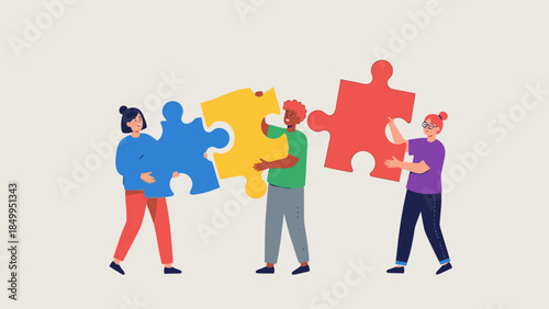 Diverse group of people collaborating to assemble large colorful puzzle pieces in a bright studio, representing teamwork and problem-solving.
