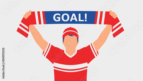 Excited male soccer fan holding a red and white "GOAL!" scarf in a bright studio, celebrating a victory.