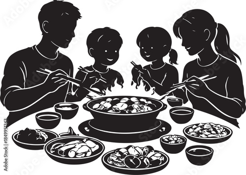 A silhouette of family eating hotpot together, shared meal, black vector