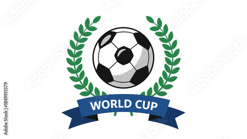 Soccer Football Ball with a Green Laurel Wreath and 'World Cup' Banner on an Isolated White Background