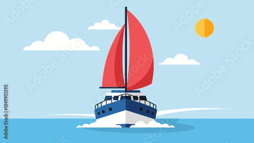 Red Sailboat Cruising Peacefully on the Blue Ocean Water Under a Sunny Sky with White Clouds