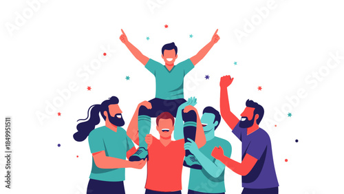 Joyful group of friends celebrating success, carrying a person on their shoulders with colorful confetti, expressing triumph in a bright studio.