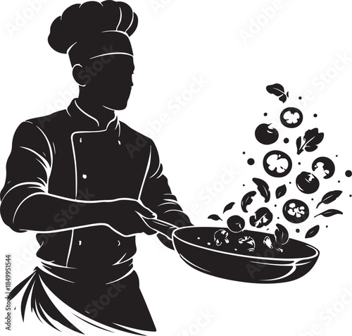 A silhouette of chef tossing vegetables in pan, culinary action, black vector