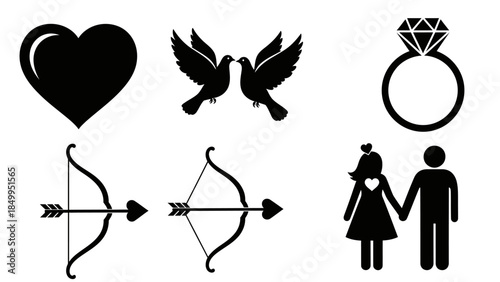 Collection of romantic love and wedding icons including a heart, doves, engagement ring, and couple, on a white background.