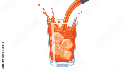 Refreshing orange juice is being poured into a glass filled with ice cubes, creating a vibrant and cool beverage presentation.