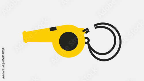 Bright yellow whistle with a black string, a universal symbol for sports refereeing and coaching on an isolated white background.