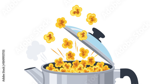 Golden popcorn bursts from a silver pot with steam rising, creating a delightful and tempting snack scene.