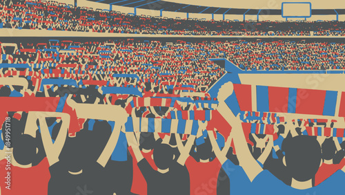 Enthusiastic sports fans cheering loudly in a crowded football stadium, expressing intense passion and excitement.