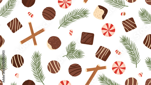 Festive pattern of chocolates, peppermint candies, and pine branches creates a delightful holiday background for seasonal designs.