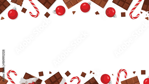 Festive arrangement of chocolate bars, candy canes, and red ornaments creates a delightful holiday border for seasonal designs.