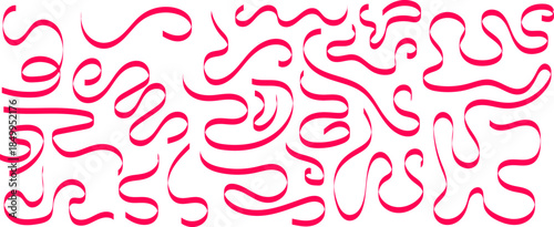 collection of bright pink hand drawn wavy line and curly ribbon brush stroke element set on white background