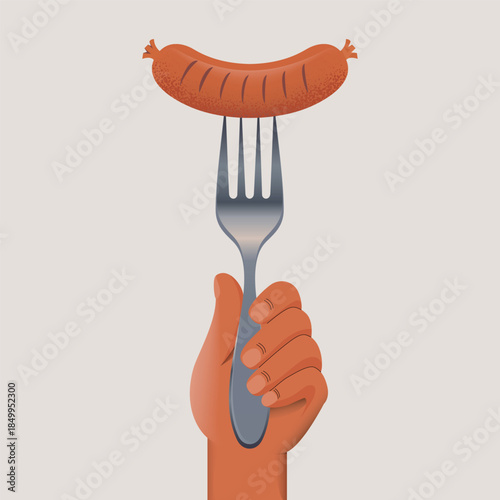 Minimalist vector illustration of an hand holding silver metal fork skewering brown sausage with twine ties against solid light gray background.