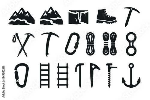 Essential climbing gear icons set: mountains, ice axes, ropes, carabiners, boots