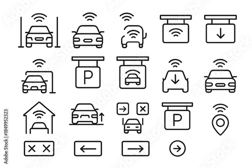 Smart parking icons set - wireless, garage, directional, vehicle, p