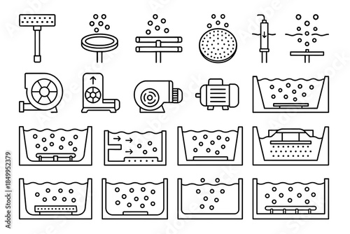 Aquarium aeration system diagram with various diffuser types
