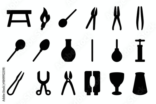 Collection of laboratory equipment silhouettes: vases, scissors, tongs, flasks, spoons