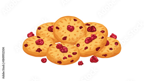 Delicious raspberry cookies are piled together, showcasing their golden-brown color and vibrant red fruit inclusions, perfect for a sweet treat.