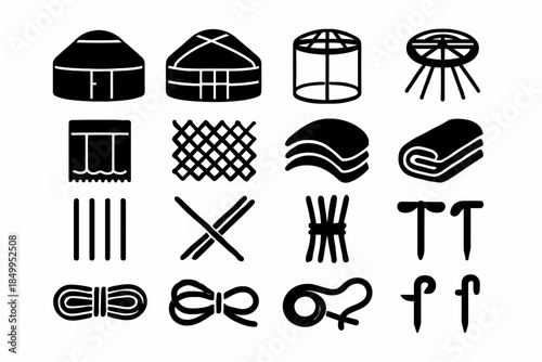 Traditional nomadic tent icons: yurt structure components symbols set