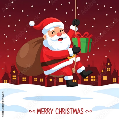 Cute Chubby Santa Claus Swinging with Gift in Festive Flat Vector Christmas Illustration