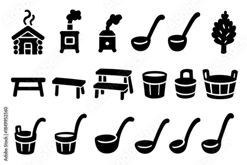 Silhouette icons of saunas: stoves, buckets, ladles, benches, trees
