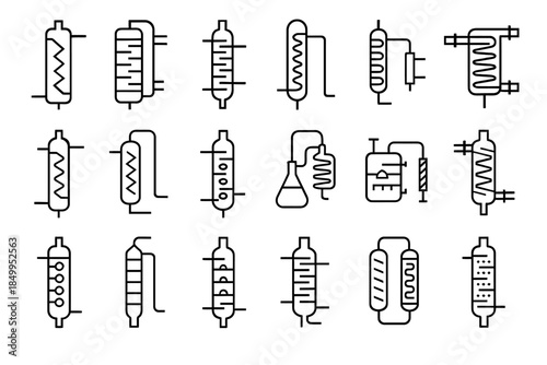 Different types of distillation columns and equipment line art