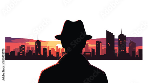 Silhouette of a man in a fedora gazes at a vibrant cityscape during a colorful sunset, evoking a sense of mystery and contemplation.