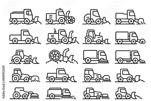Collection of snow removal vehicle icons including trucks and tractors