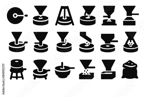 Set of grain milling icons: various grinding and processing tools