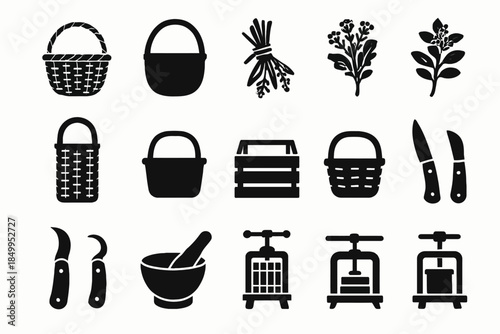Silhouette icons: baskets, plants, knives, mortar, and presses for kitchen and gardening