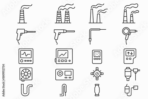 Industrial equipment and factory icons: tools, chimneys, gauges, and pipes
