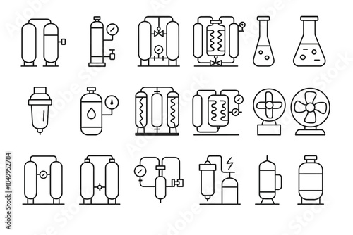 Collection of industrial equipment icons including tanks, valves, and fans