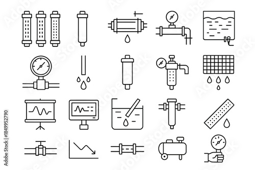 Set of linear water filtration and monitoring icons
