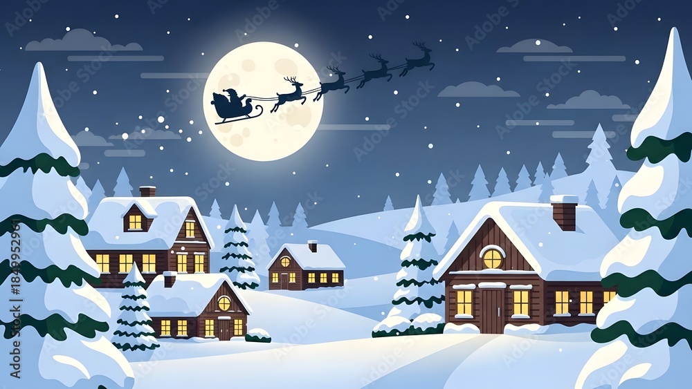 Fototapeta premium Peaceful Winter Night Village with Santa Sleigh Silhouette Over Full Moon Flat Vector Illustration
