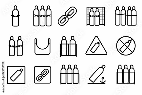 Set of black and white bottle icons in various configurations and symbols