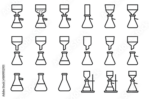 Line art icon set of laboratory beaker and funnel variations