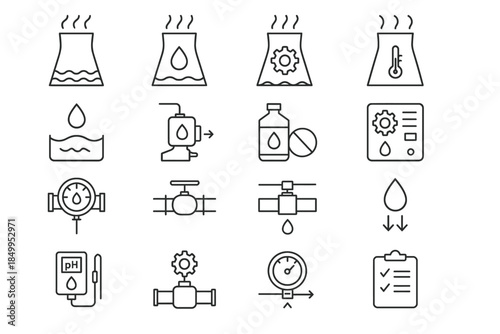 Industrial water treatment icons: filtration, pressure, temperature, purification, monitoring