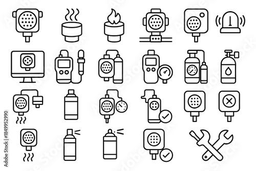 Collection of smoke detector and fire safety icons - line art style designs