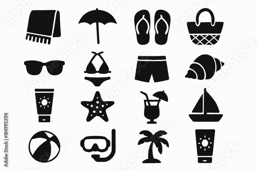 Beach icons collection: summer essentials including umbrella, bikini, and palm tree
